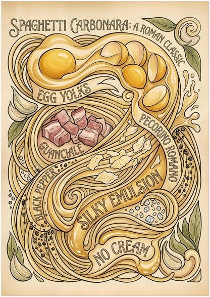 A1 unframed carbonara poster featuring a vertical vintage food illustration inspired by the classic Roman pasta dish. The design uses looping spaghetti lines, egg yolks, guanciale, cheese, herbs and garlic with decorative text and a calm beige background. A large but flexible print size for kitchen wall decor, Italian food spaces, coffee corners or dining rooms looking for retro pasta art with a clean framed-ready layout.