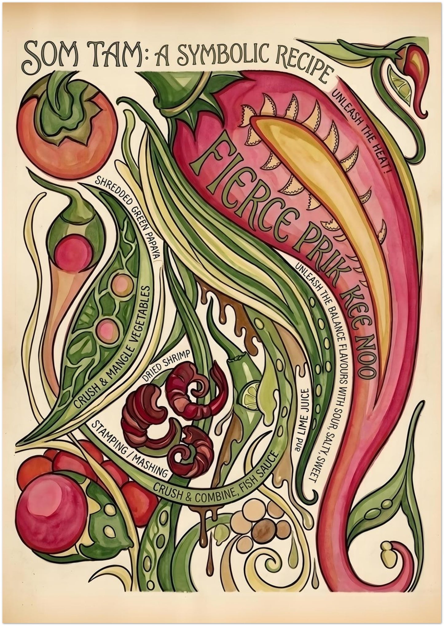 A1 size preview of the unframed Som Tam Recipe Print shown as a clean product image on a plain white background. The full artwork is visible, featuring a bold Thai food illustration with red chilli, green papaya strips, tomato, lime, dried shrimp and recipe lettering flowing through the design. A useful listing image for showing the proportions of this som tam poster, Thai food wall art and colourful kitchen print in A1 format.