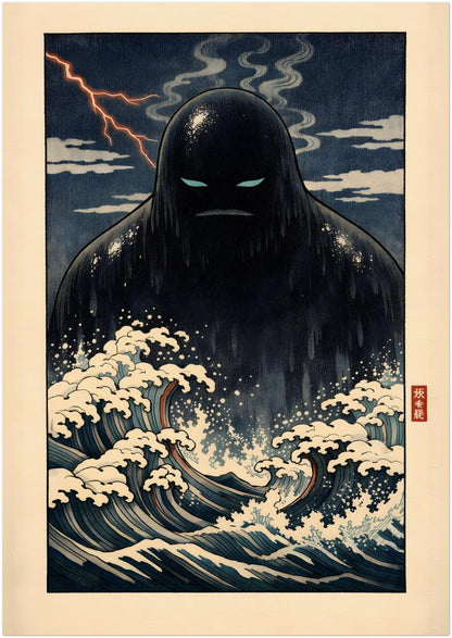 A1 unframed Japanese yōkai wall art poster featuring the Umibōzu sea spirit rising from churning navy waves beneath a stormy sky. The enlarged format emphasises intricate foam details, shadowed figure contours and traditional ukiyo-e inspired styling. A statement-sized folklore art print designed for impactful feature walls.