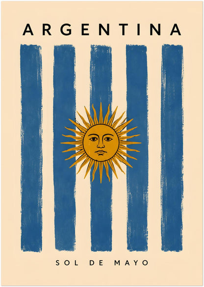 A1 unframed Argentina travel print showing the golden Sun of May against broad blue and cream vertical stripes. Widely spaced Argentina lettering runs across the top, with Sol de Mayo printed beneath the artwork. The warm paper tone, hand-painted edges and lightly distressed texture create a vintage Argentine flag poster design.