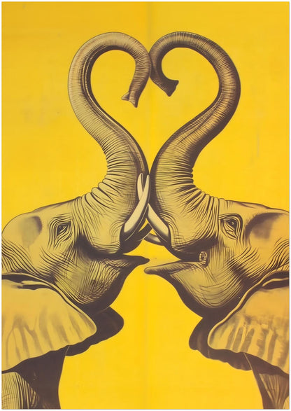 A1 unframed elephant heart art print displayed front facing on a white background. Two mirrored elephants are illustrated in dark linework, meeting at the centre while their trunks curve upward into a heart shape over a bold yellow field. Large elephant poster image for elephant wall decor, yellow elephant wall art, romantic animal print, modern home decor, and Southeast Asian themed wall art search terms.