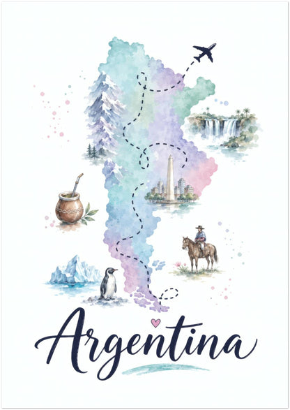 Unframed A1 Argentina wall art featuring a vertical watercolour map on a crisp white background. Pale blue, green and purple washes create the country shape, with small illustrated wildlife, cultural and travel elements positioned around it. A plane flies near the top of the artwork, while large handwritten Argentina text sits below the map.