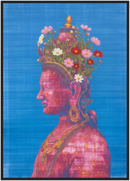 A1 pink and green Tara Buddhist art print in a black wood frame, showing a contemporary pink Tara Buddhist portrait in profile with floral elements.