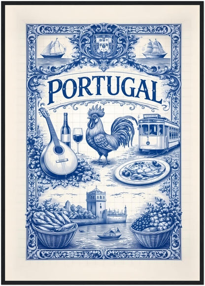 A1 framed Portuguese culture art poster in a black wood frame, highlighting traditional azulejo tile design in a statement wall format.