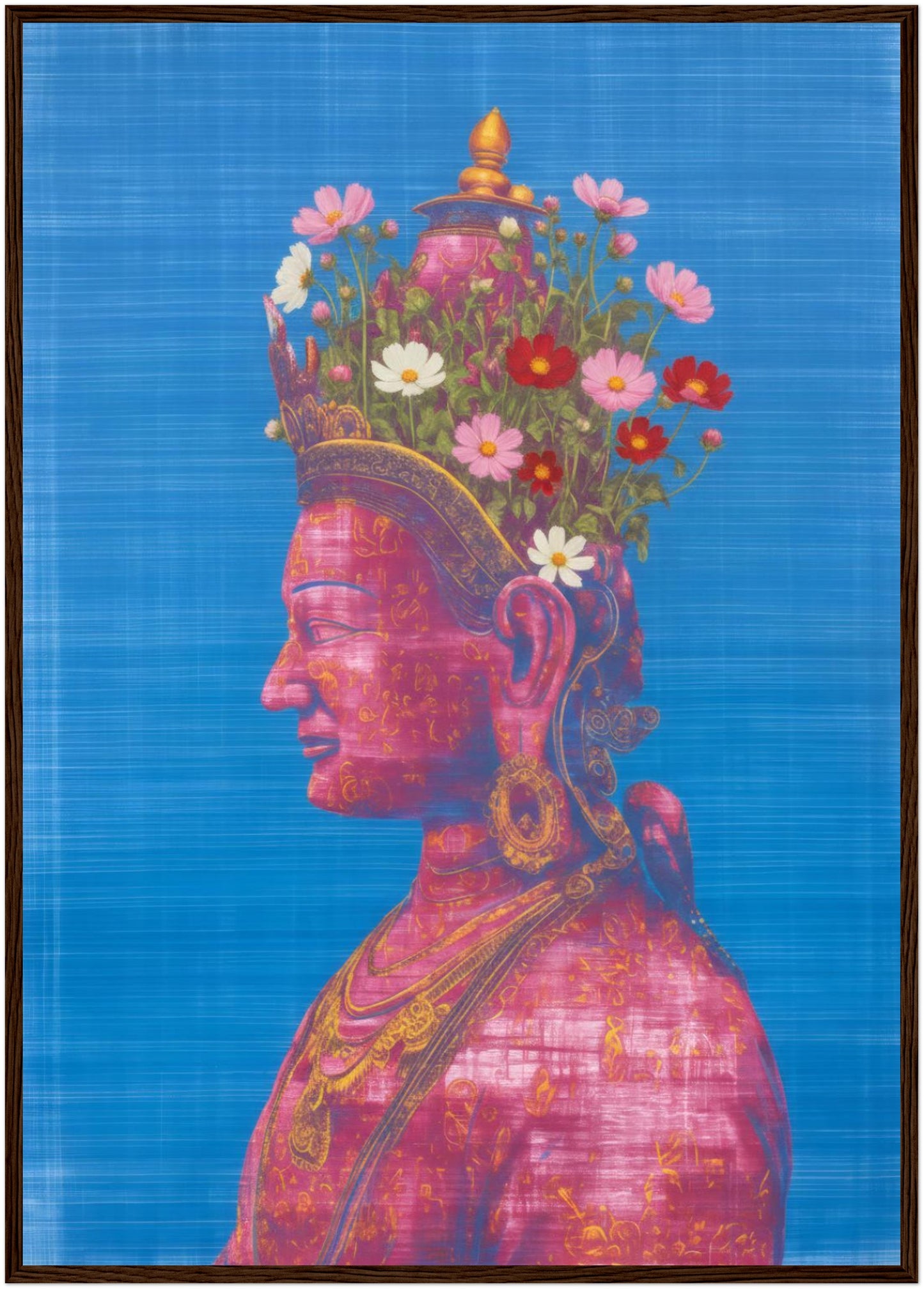 A1 pink and green Tara Buddhist art print in a dark wood frame, depicting a pink Tara side-profile figure with floral crown on blue.