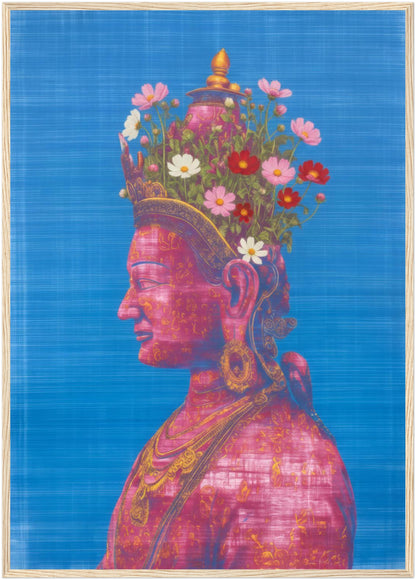 A1 pink and green Tara Buddhist art print in a natural wood frame, featuring a pink Tara Buddhist profile portrait with flowers and blue background.