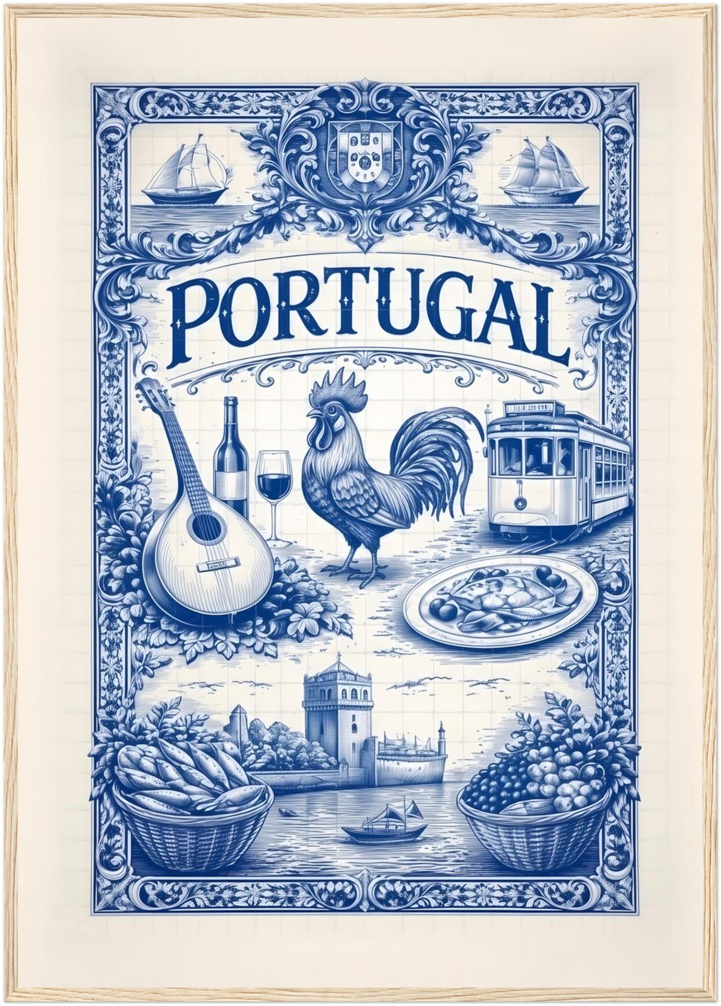 A1 framed portuguese tile art print in a natural wood frame, displaying blue azulejo artwork inspired by Portugal traditions and travel memories.