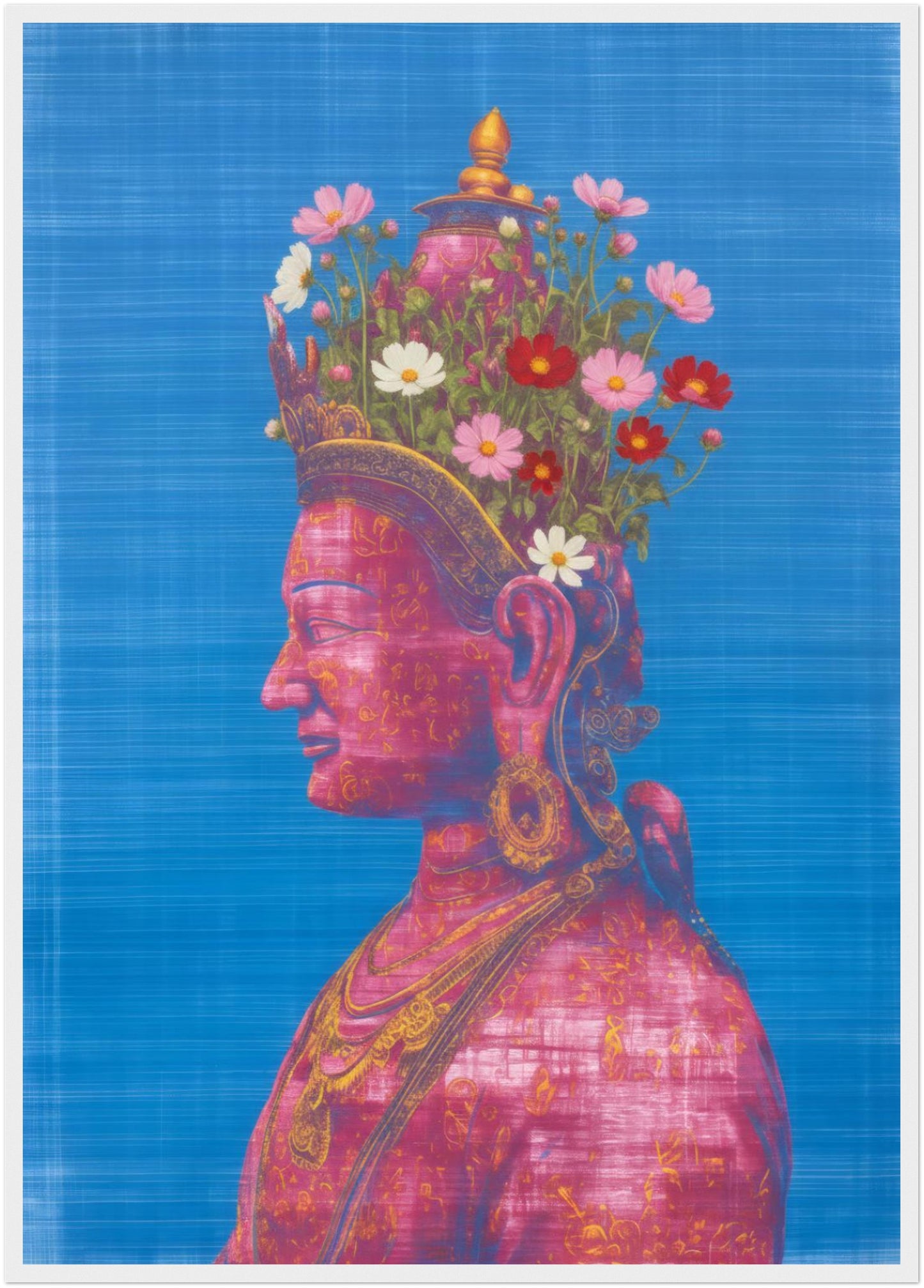 A1 pink and green Tara Buddhist art print in a white wood frame, showing a pink Tara figure in side profile with floral crown against a textured blue backdrop.
