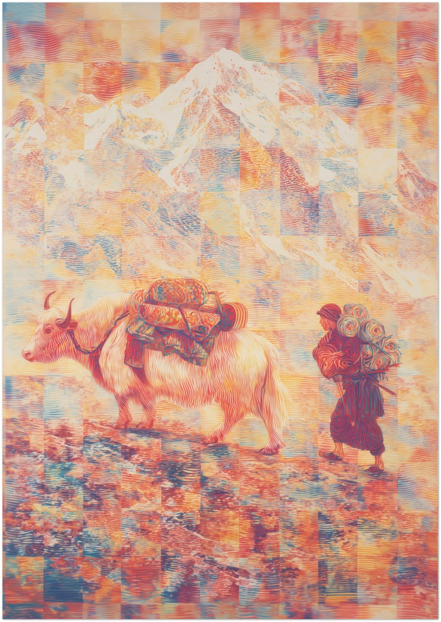 A1 unframed Mount Everest wall art featuring a Tibetan yak and traveler rendered in psychedelic contour lines. Large-scale Himalayan folk art print inspired by Tibet, Nepal, and mountain travel culture.