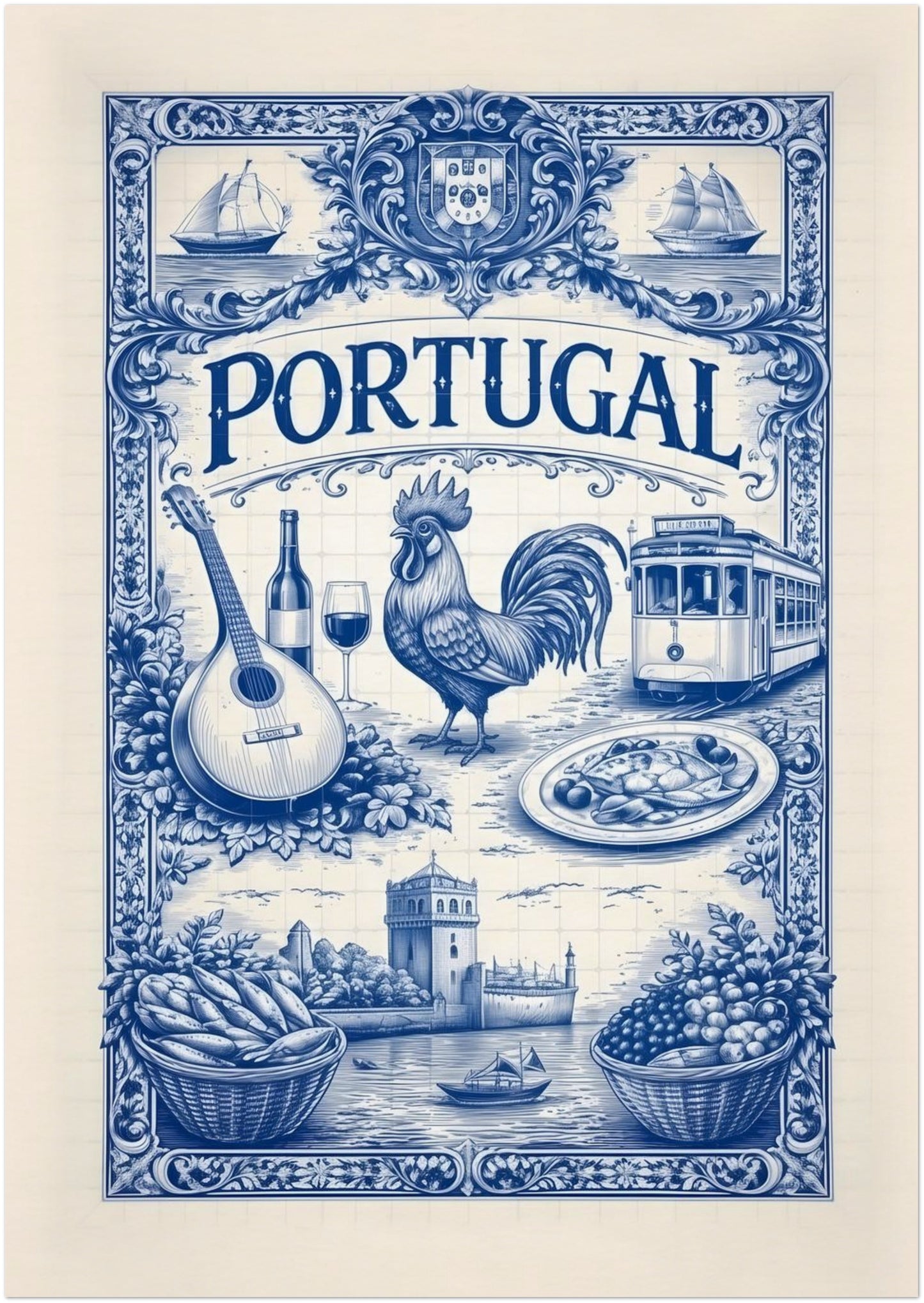 A1 unframed Portuguese tile art poster displaying a high-detail blue azulejo design inspired by Portugal traditions, combining cultural symbolism and travel-themed illustrations.