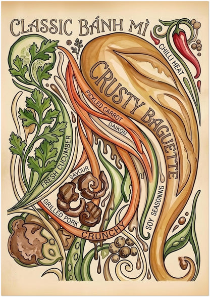 A1 unframed Banh Mi street food print inspired by Vietnamese sandwich culture. The poster includes crusty bread, chilli, coriander, cucumber, pickled carrot, daikon, grilled pork and vintage recipe lettering. A strong wall art size for kitchens, cafés, restaurants and food-themed interiors.