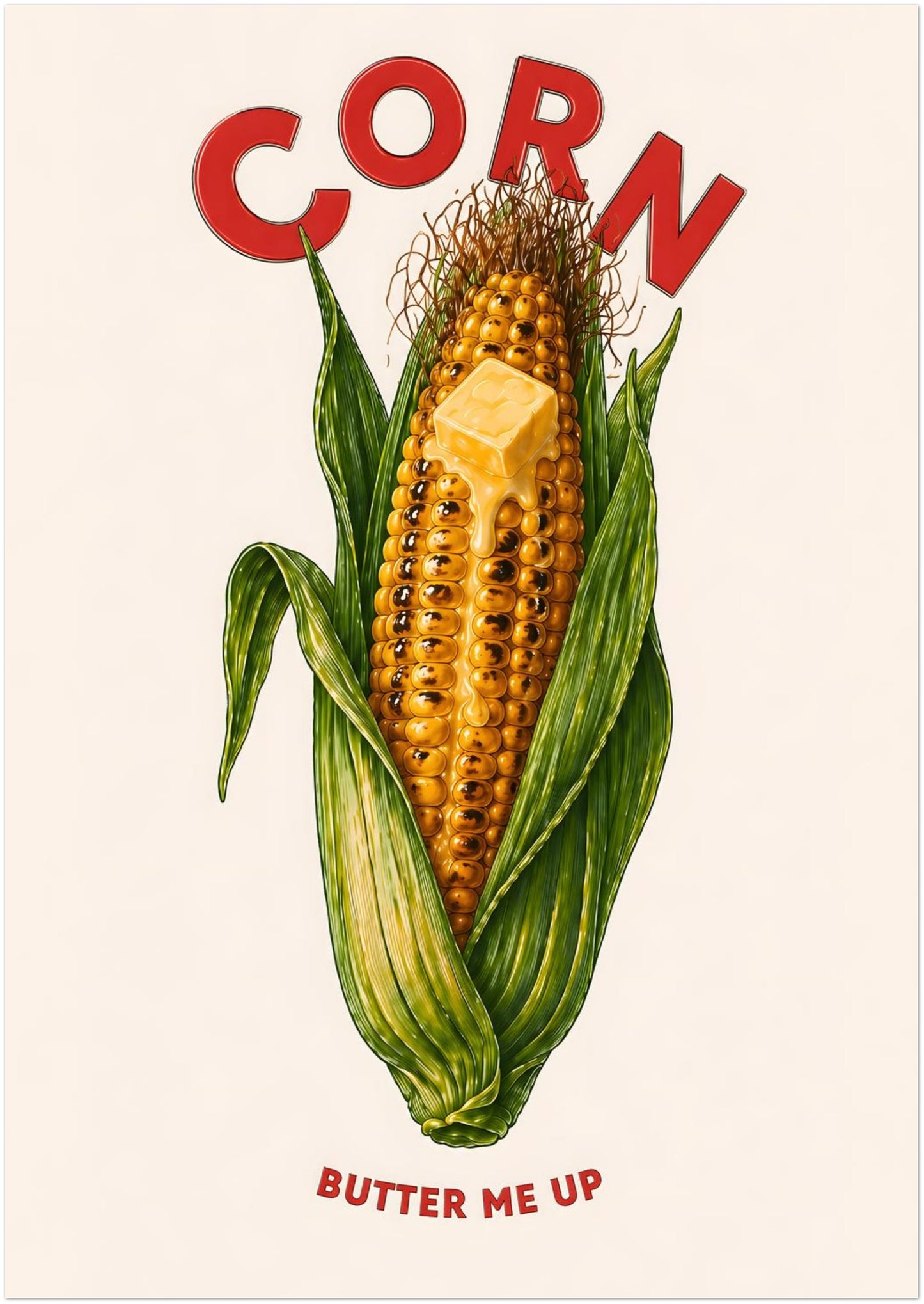 A1 unframed corn kitchen poster print displayed in portrait orientation. The artwork shows a buttered corn on the cob with green husks, golden kernels, red CORN lettering and the phrase BUTTER ME UP. A fun retro food poster for kitchens, dining rooms, cafés, pantry walls and modern gallery walls.