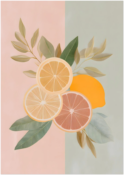 A2 size mockup of the pastel citrus artwork, showing how the grapefruit, lemon and orange illustration crops at this large print dimension, with a clean background for accurate scale and layout reference.