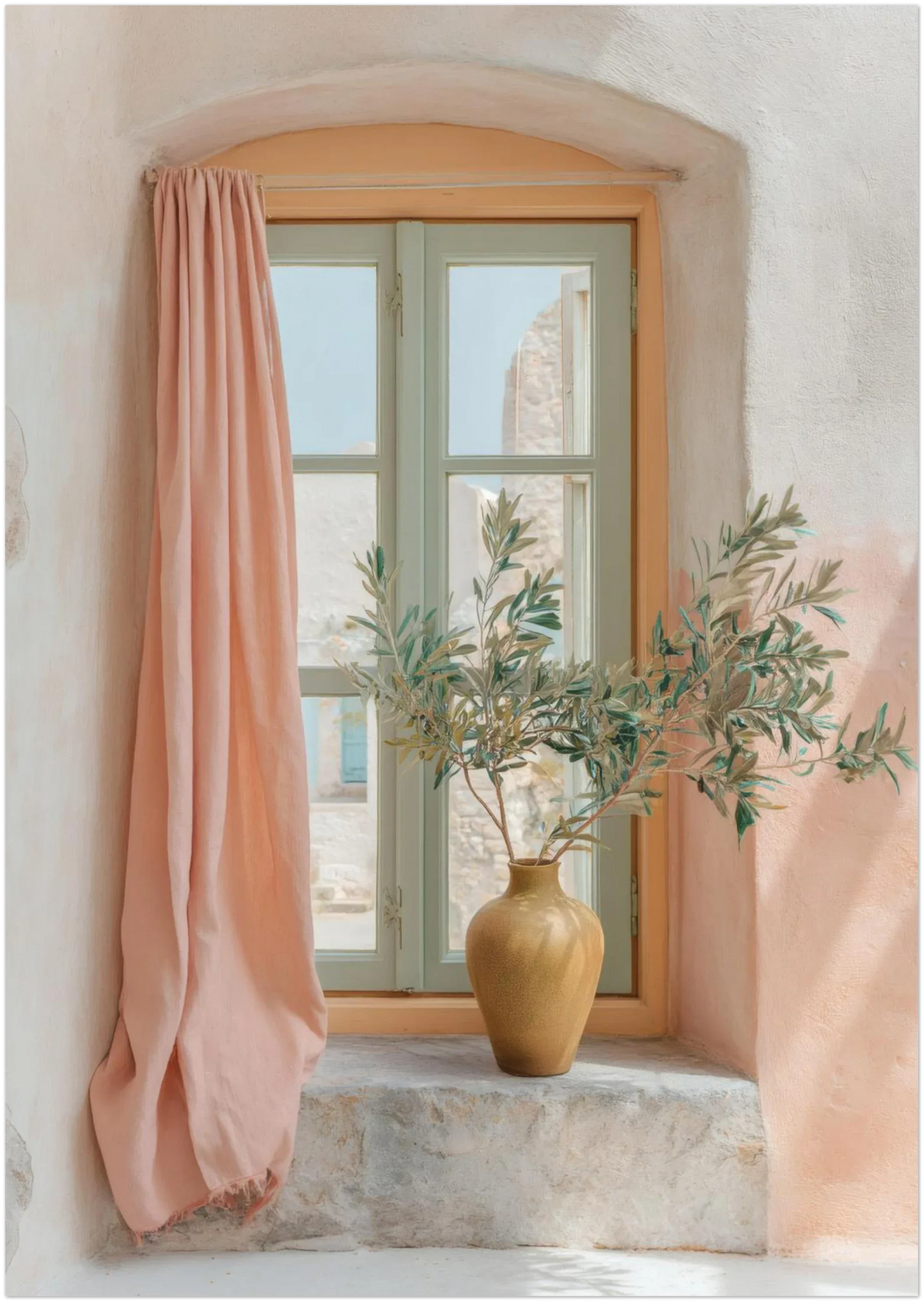 A2 pastel window-view artwork on a clean background, showing increased height and curtain visibility to provide an accurate preview of the artwork’s proportions at this larger print dimension.
