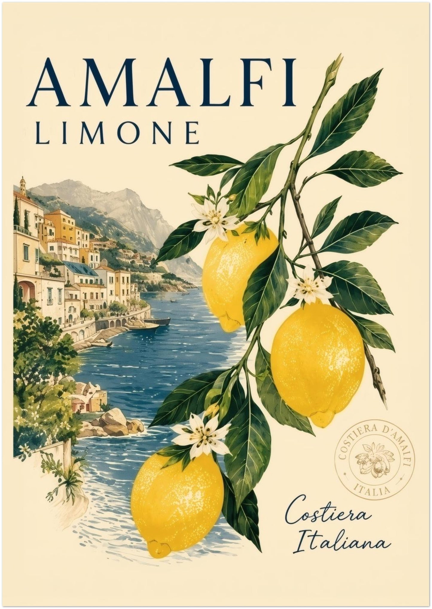 A2 unframed Amalfi Coast lemon poster with yellow fruit, green foliage, white flowers and a soft Italian seaside village scene. A fresh Mediterranean wall art print with summer colours, ideal for kitchens, dining rooms, living spaces and travel themed decor.