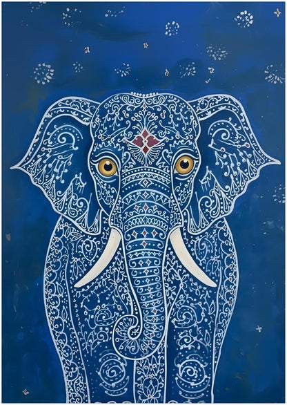Thumbnail image of the A2 unframed Blue Indian Elephant Poster. The artwork shows a front-facing elephant with intricate white decorative linework, large gold eyes, white tusks and a rich blue background with dotted accents. A practical elephant art poster size for gallery walls, hallway decor, bedroom styling and home office display, combining Indian-inspired design with strong blue wall art appeal.