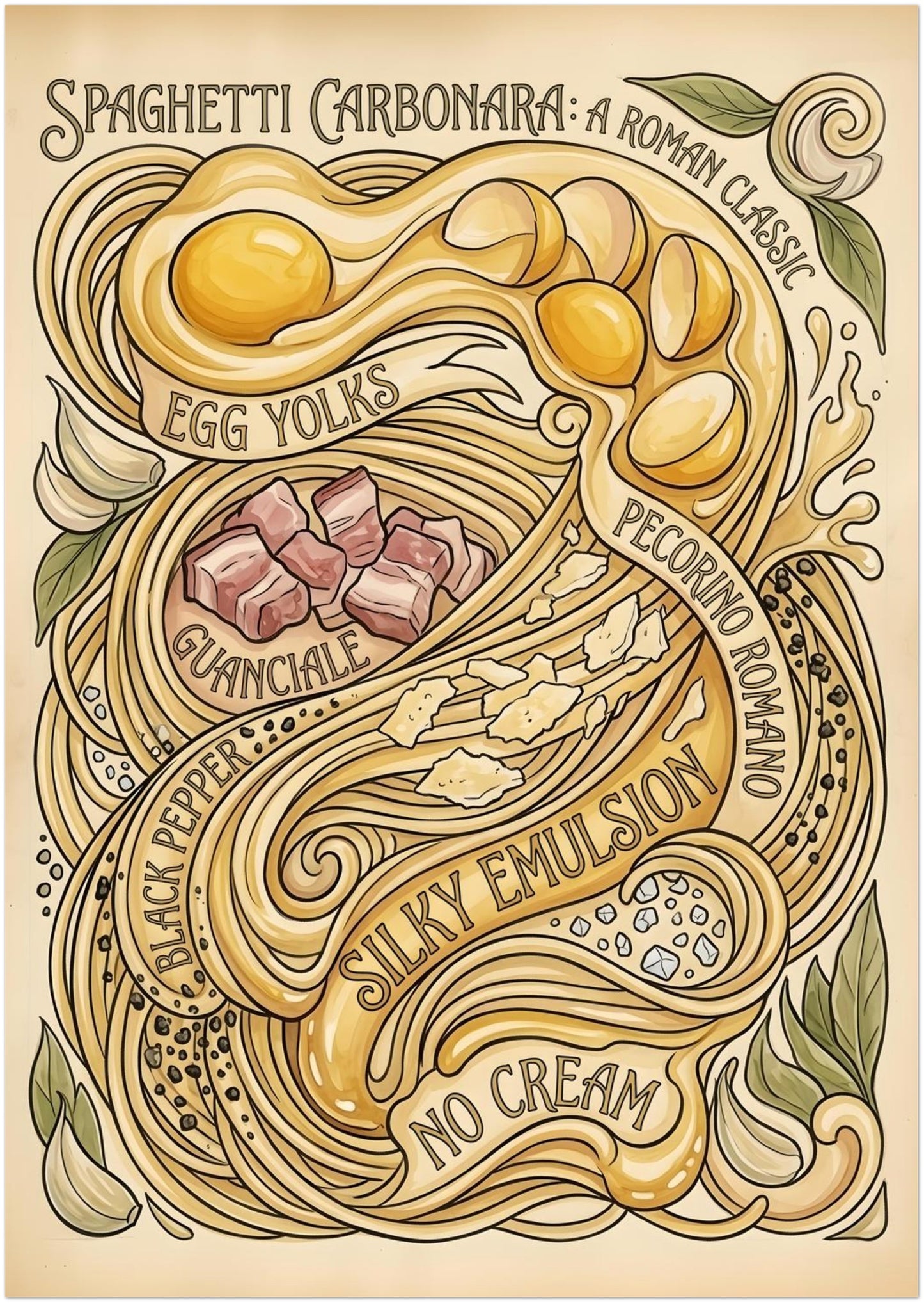 A2 unframed Italian recipe poster showing a detailed Spaghetti Carbonara illustration with vintage character and soft neutral tones. The composition includes spaghetti strands woven around egg yolks, guanciale pieces, pecorino romano, black pepper, garlic and herbs, all finished with hand-drawn lettering. A practical wall art size for kitchens, dining spaces, pantry areas or gallery walls centred around food prints and Italian decor.