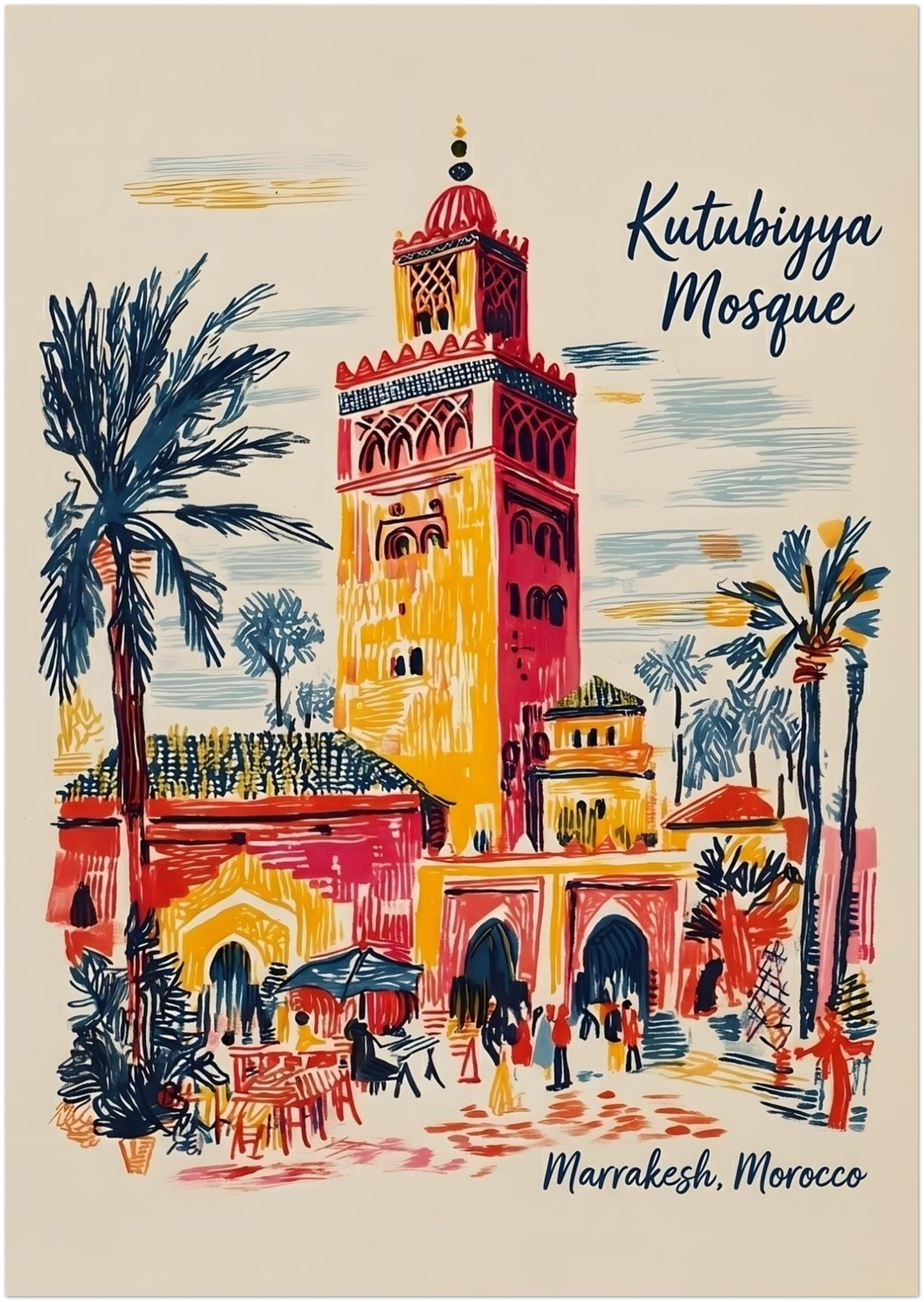 A2 unframed Kutubiyya Mosque print with a colourful Marrakech composition featuring the famous mosque tower, palm trees, arches and everyday street details. The loose sketch-style lines and warm red, yellow, blue and cream palette create a lively Morocco travel art look. A practical mid-large size for shoppers wanting Moroccan architecture wall art that stands out clearly without needing an oversized frame.