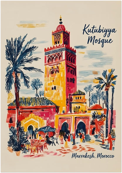 A2 unframed Kutubiyya Mosque print with a colourful Marrakech composition featuring the famous mosque tower, palm trees, arches and everyday street details. The loose sketch-style lines and warm red, yellow, blue and cream palette create a lively Morocco travel art look. A practical mid-large size for shoppers wanting Moroccan architecture wall art that stands out clearly without needing an oversized frame.