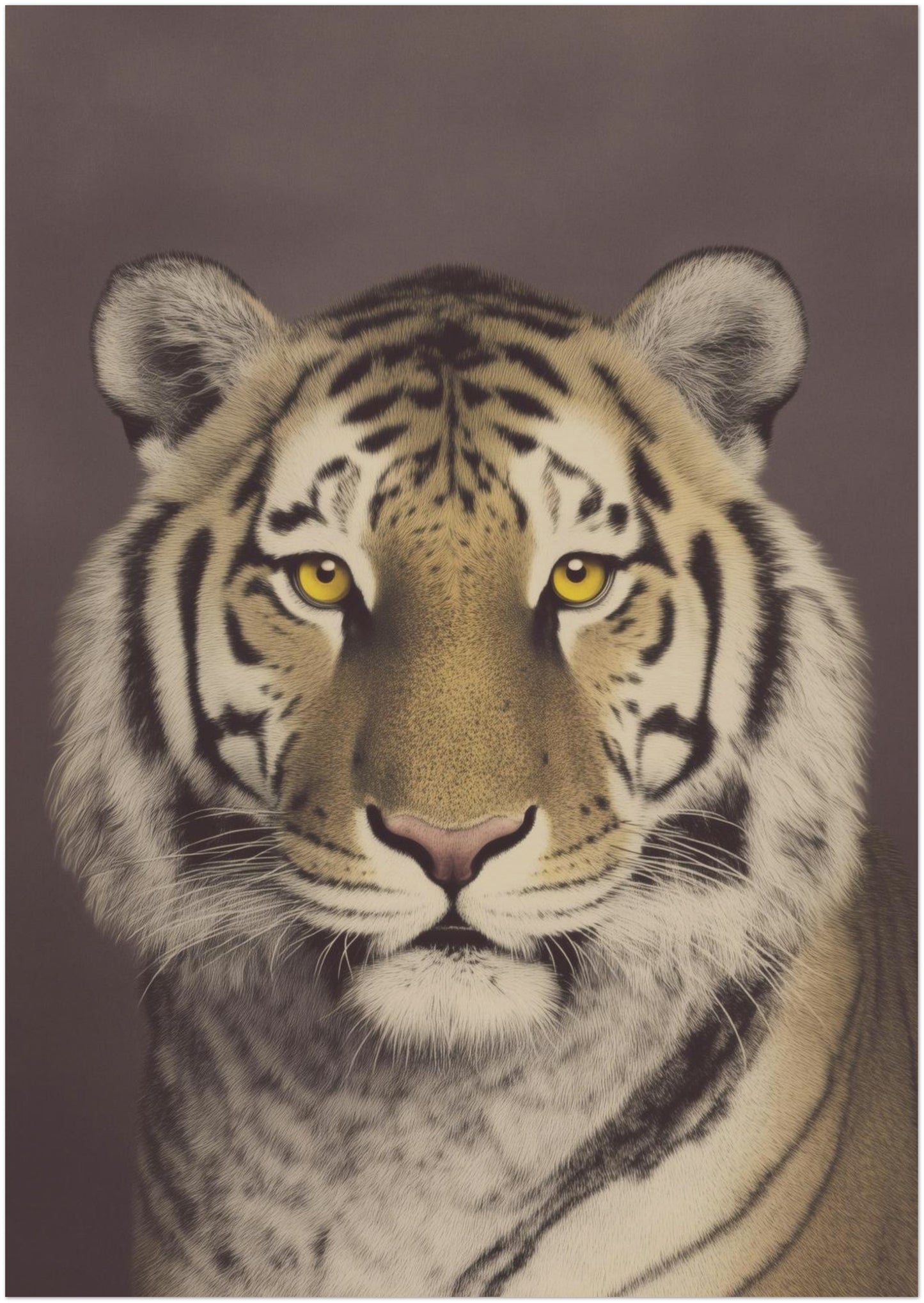 A2 unframed Malayan tiger wall art print featuring a detailed close-up portrait with golden eyes, defined black stripes and soft textured fur. The warm brown background and vintage photographic look create a timeless big cat poster ideal for living room, office or study decor.