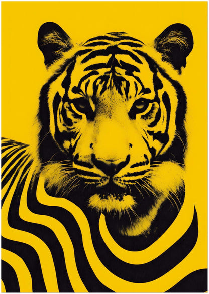 A2 unframed Malaysian tiger poster featuring a striking black tiger portrait with stylised flowing stripe patterns forming abstract waves across the body. Set on a vibrant yellow background, the design combines contemporary graphic illustration with wildlife imagery inspired by Malaysia’s national animal, creating a bold modern wall art print with strong visual contrast.
