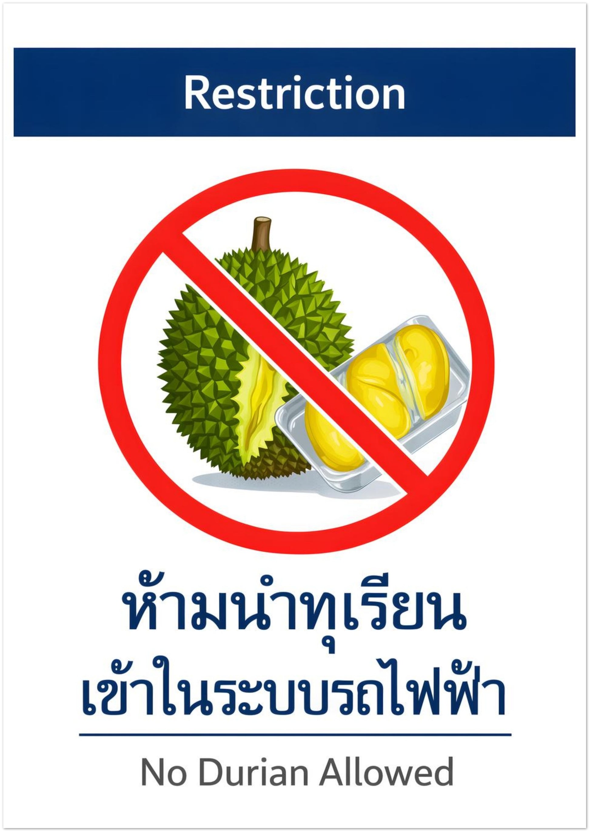 A2 unframed No Durian Allowed wall art inspired by Bangkok BTS metro restriction signs. Features a bold red prohibition circle over durian fruit with bilingual Thai and English text. Large-format Asian food poster designed as graphic kitchen wall art, restaurant decor or Southeast Asia travel memory print.