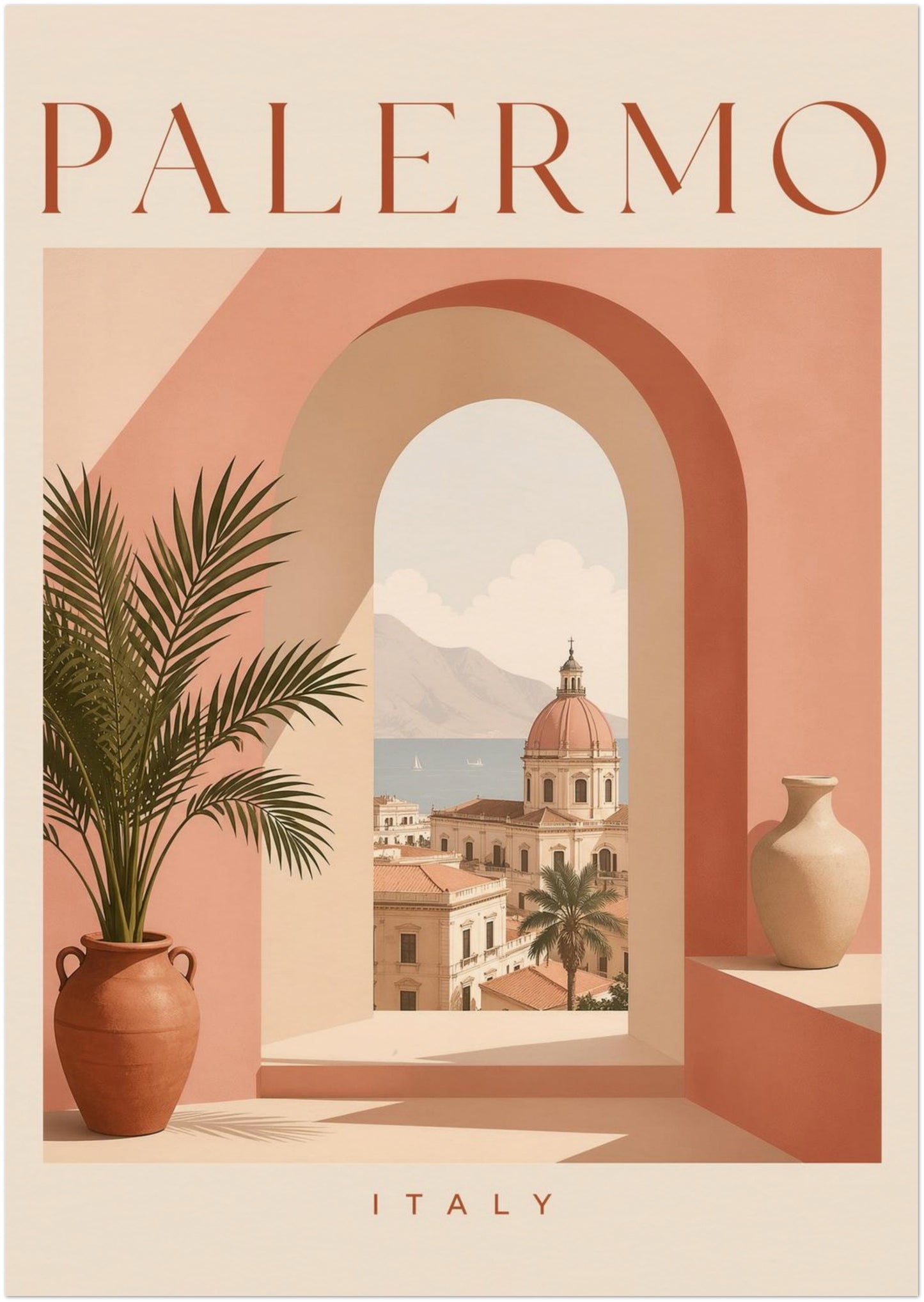 Unframed A2 Palermo Sicily poster featuring layered peach arches, terracotta accents, cream buildings and a green potted palm. The central opening reveals a bright Italian cityscape beneath PALERMO typography, with ITALY along the lower edge. A medium-size Mediterranean travel print for bedrooms, lounges, offices or gallery walls.