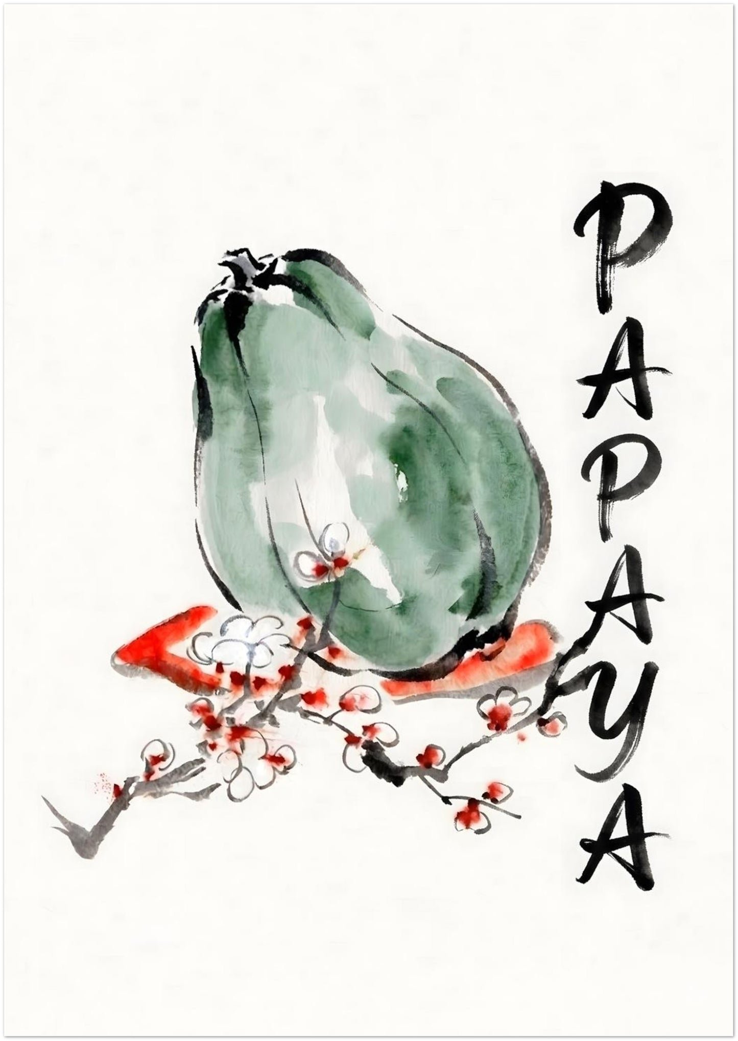A2 unframed papaya poster shown as a front facing product image on a light neutral background. The artwork features a soft green papaya, black ink style brushwork, red and white blossom details and vertical PAPAYA text on the right. Minimal tropical fruit wall art suited to kitchen decor, botanical print collections, modern Asian inspired spaces and simple gallery wall arrangements with a fresh clean look.
