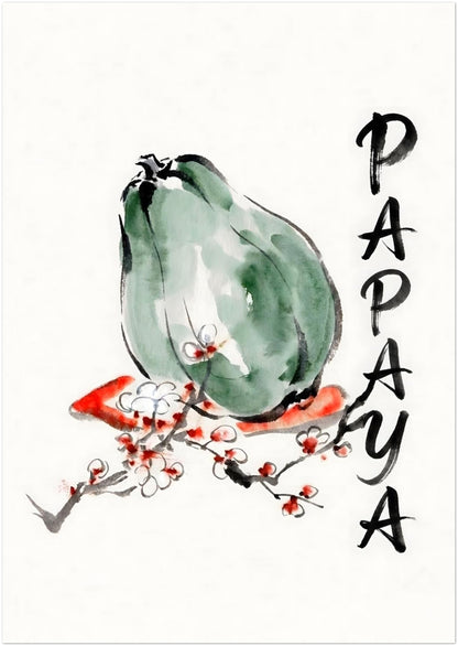 A2 unframed papaya poster shown as a front facing product image on a light neutral background. The artwork features a soft green papaya, black ink style brushwork, red and white blossom details and vertical PAPAYA text on the right. Minimal tropical fruit wall art suited to kitchen decor, botanical print collections, modern Asian inspired spaces and simple gallery wall arrangements with a fresh clean look.