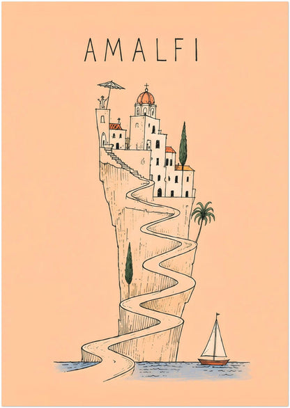 A2 Amalfi Coast art print showing a whimsical cliffside village and curved road leading towards the sea, drawn in fine black lines against a warm peach background.