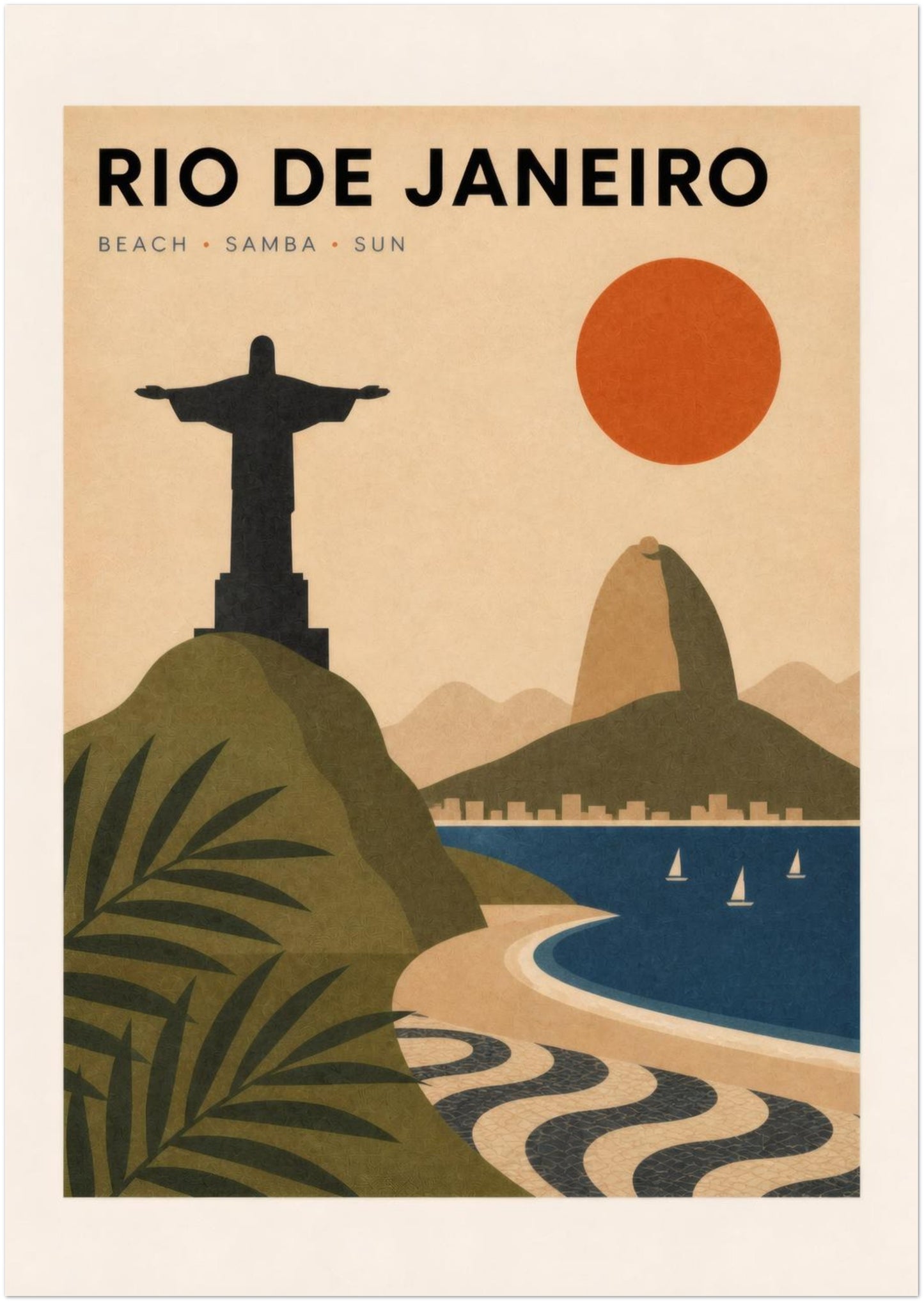 Unframed A2 Rio de Janeiro travel poster featuring Christ the Redeemer, Sugarloaf Mountain, tropical foliage, a blue bay, sailing boats, an orange sun and Copacabana’s recognisable wave-pattern pavement. This colourful vertical Brazil art print combines classic travel poster style with a clean design for modern home décor.