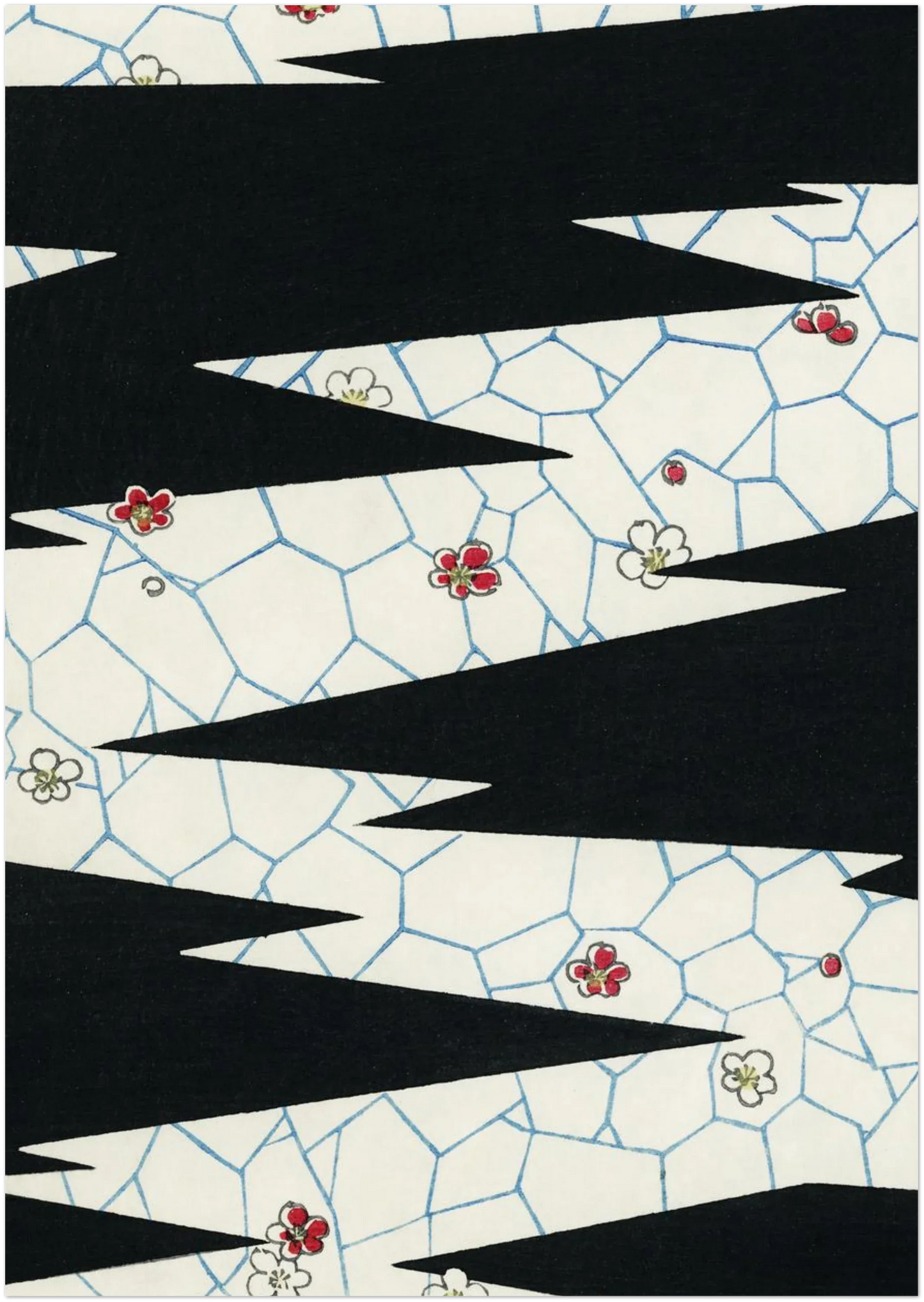 A2 poster print showing bold black zigzag design on light cream geometric background. Abstract contemporary artwork displayed flat to illustrate sizing and composition details.