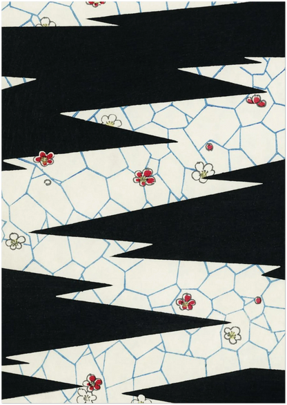 A2 poster print showing bold black zigzag design on light cream geometric background. Abstract contemporary artwork displayed flat to illustrate sizing and composition details.