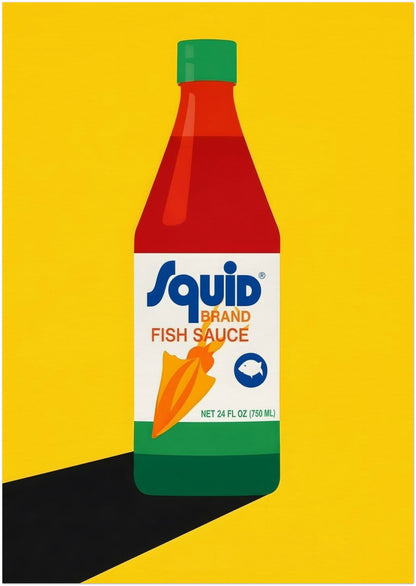 A2 unframed Thai fish sauce poster with a stylised Squid Fish Sauce bottle placed centrally against a strong yellow background. The print uses clean lines, bold contrast and simple pop art shapes to create a playful modern food illustration. This kitchen poster is a good choice for Thai food lovers, pantry-inspired wall art, gallery wall styling and homes that want bright quirky decor with graphic character.