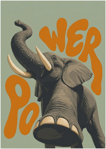 A2 unframed colourful elephant print featuring a grey elephant with raised trunk, large tusks and orange retro lettering on a soft green background. A playful wildlife wall poster for bedrooms, nurseries, kids’ rooms, hallways, offices or bold animal wall art displays.