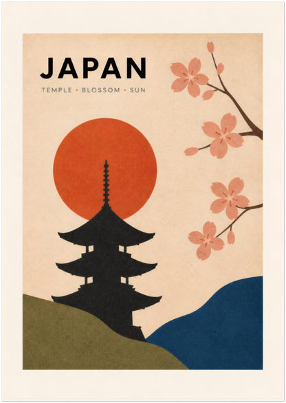 Unframed A2 Japanese wall art showing a black temple silhouette beneath a bold red rising sun. Pink cherry blossom branches fill the upper side, while olive green and dark blue hills curve along the base. The warm cream background gives this retro Japan travel poster a clean vintage look for bedrooms, lounges and offices.