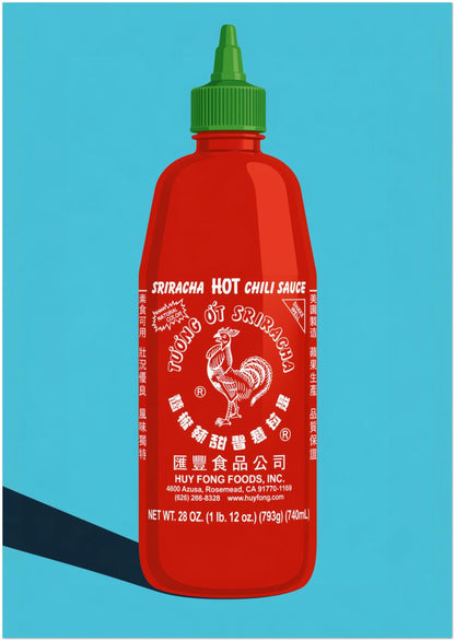 A2 unframed sriracha food wall art with a red hot sauce bottle, green cap, white rooster label, bright blue background and clean pop art styling. A colourful kitchen print for food lovers, dining rooms, cafes, restaurants, food shops and bold modern wall decor.