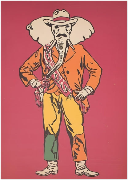 A2 unframed western elephant art print with a full-body elephant cowboy standing on a deep red background. The orange jacket, cowboy hat, patterned sash, yellow trousers and boots give the artwork a fun Wild West feel with strong graphic character. A good size for western wall art, funny animal decor, eclectic rooms, office walls and bold shelf or gallery wall styling.