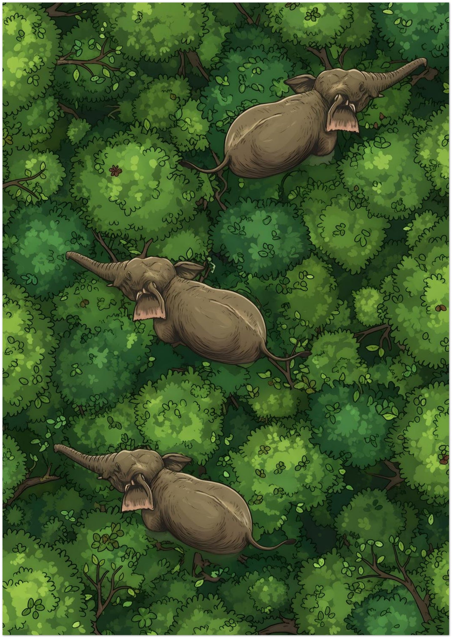 A2 unframed vertical elephant forest poster art showing three elephants walking through dense jungle canopy from above. Rich green foliage fills the print with rounded textures and natural depth, while the steady line of elephants adds a simple sense of movement. Works well for elephant wall art, forest animal print, jungle illustration and modern nature-themed home decor.