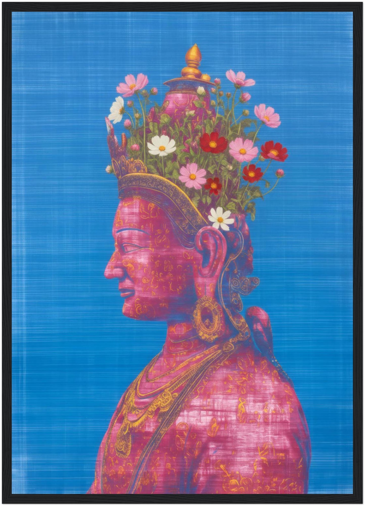 A2 pink and green Tara Buddhist art print in a black wood frame, featuring a pink Tara side-profile portrait with floral detailing on a blue background.