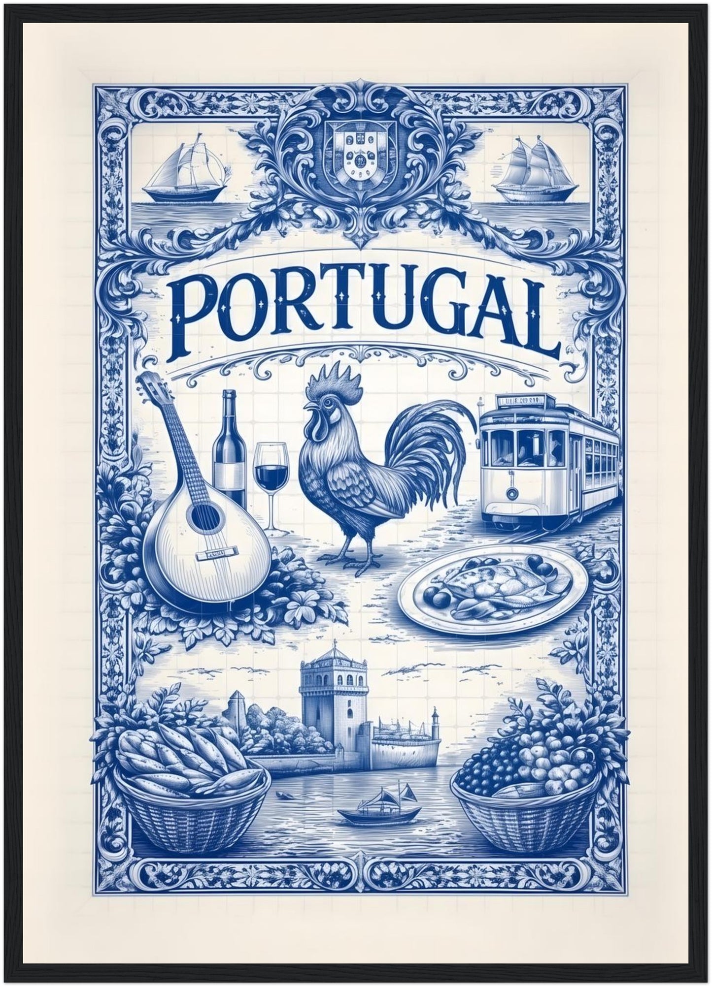 A2 framed Portuguese tile art poster in a black wood frame, showing detailed blue azulejo artwork inspired by Portugal culture and heritage.