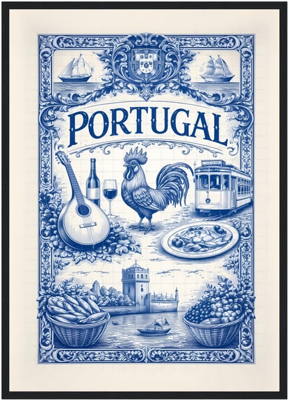 A2 framed Portuguese tile art poster in a black wood frame, showing detailed blue azulejo artwork inspired by Portugal culture and heritage.