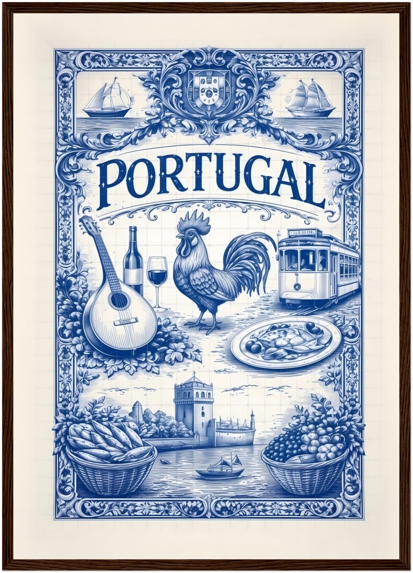 A2 framed portugal azulejo poster in a dark wood frame, highlighting classic Portuguese tile art with symbolic cultural imagery.