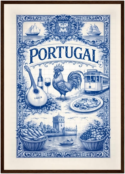 A2 framed portugal azulejo poster in a dark wood frame, highlighting classic Portuguese tile art with symbolic cultural imagery.