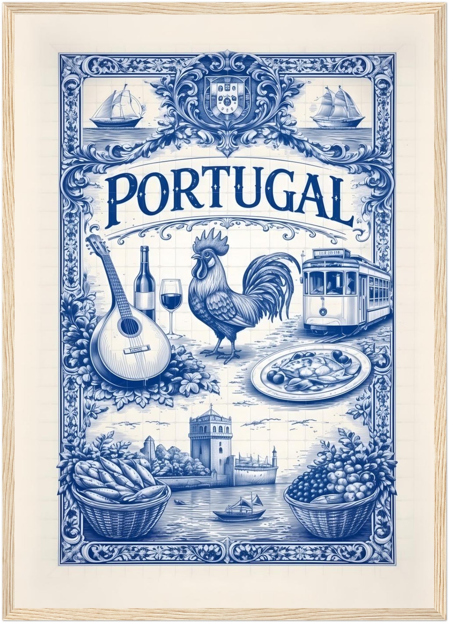 A2 framed portuguese culture art print in a natural wood frame, featuring a blue azulejo design inspired by Portugal traditions and Mediterranean travel art.