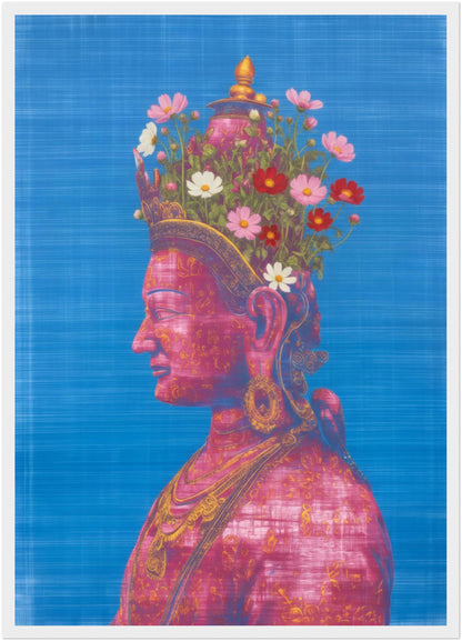 A2 pink and green Tara Buddhist art print in a white wood frame, featuring a pink side-profile Tara figure with floral crown against a textured blue background.