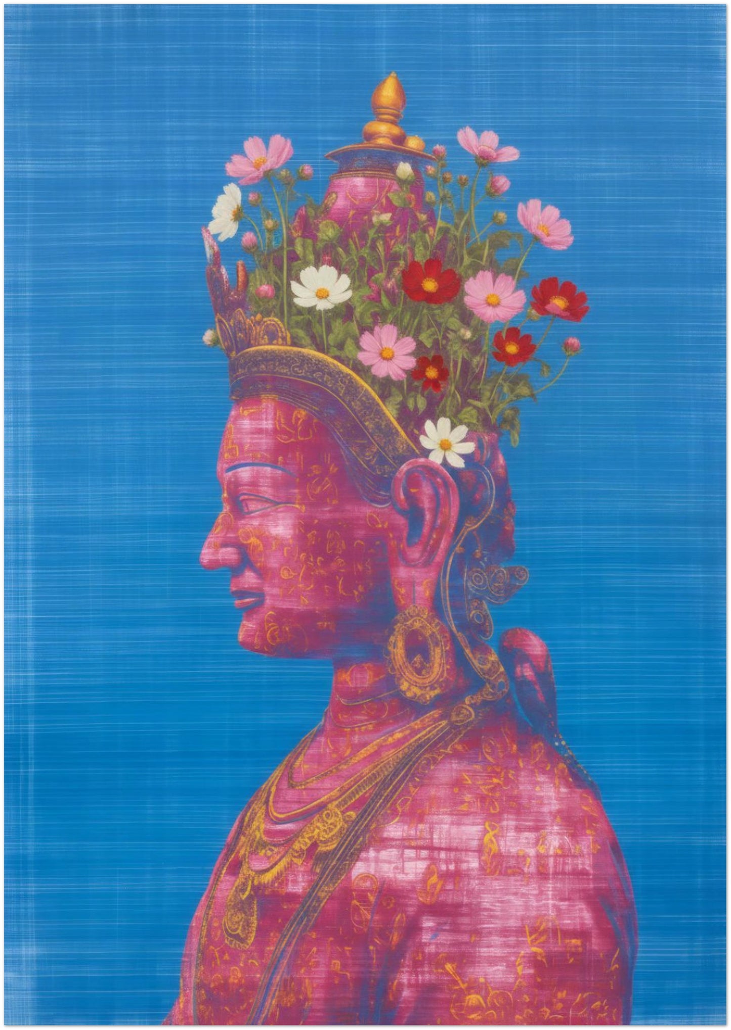 A2 unframed Pink Tara Buddhist poster displayed on a white background, featuring expanded detail of the feminine deity portrait, floral symbolism and balanced sacred composition for larger wall display planning.