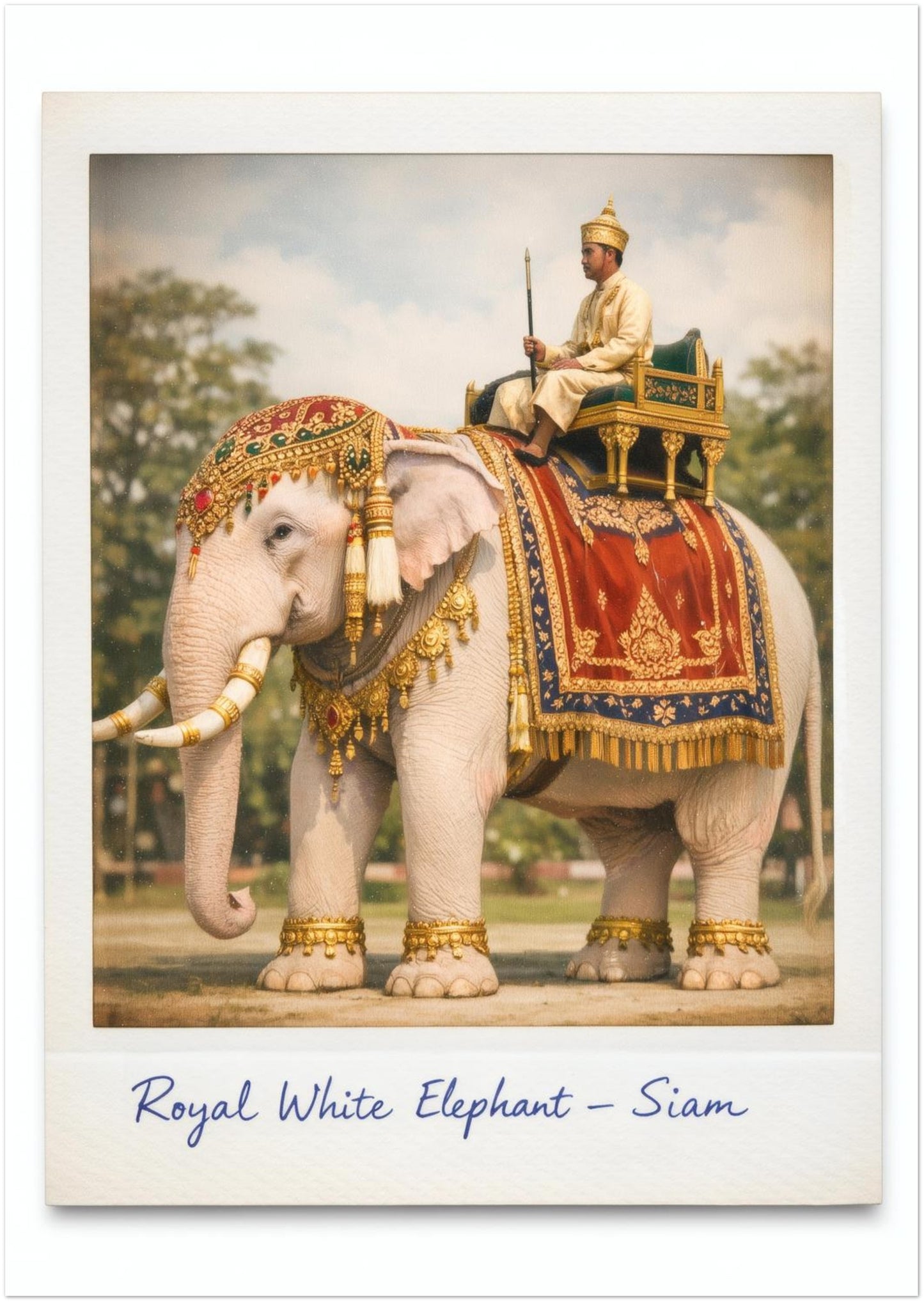 A2 unframed Thai royal white elephant poster featuring a historic Siam design. The image shows a white elephant dressed in red and gold royal fabric with ornate gold detailing and a Thai royal figure seated above. The Polaroid border and handwritten caption create a vintage Thailand travel art print aesthetic.