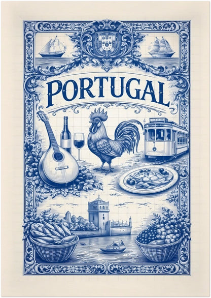 A2 unframed portugal azulejo poster featuring a medium-format blue tile illustration with Portuguese cultural elements such as a rooster, tram, guitar, and coastal scenery.