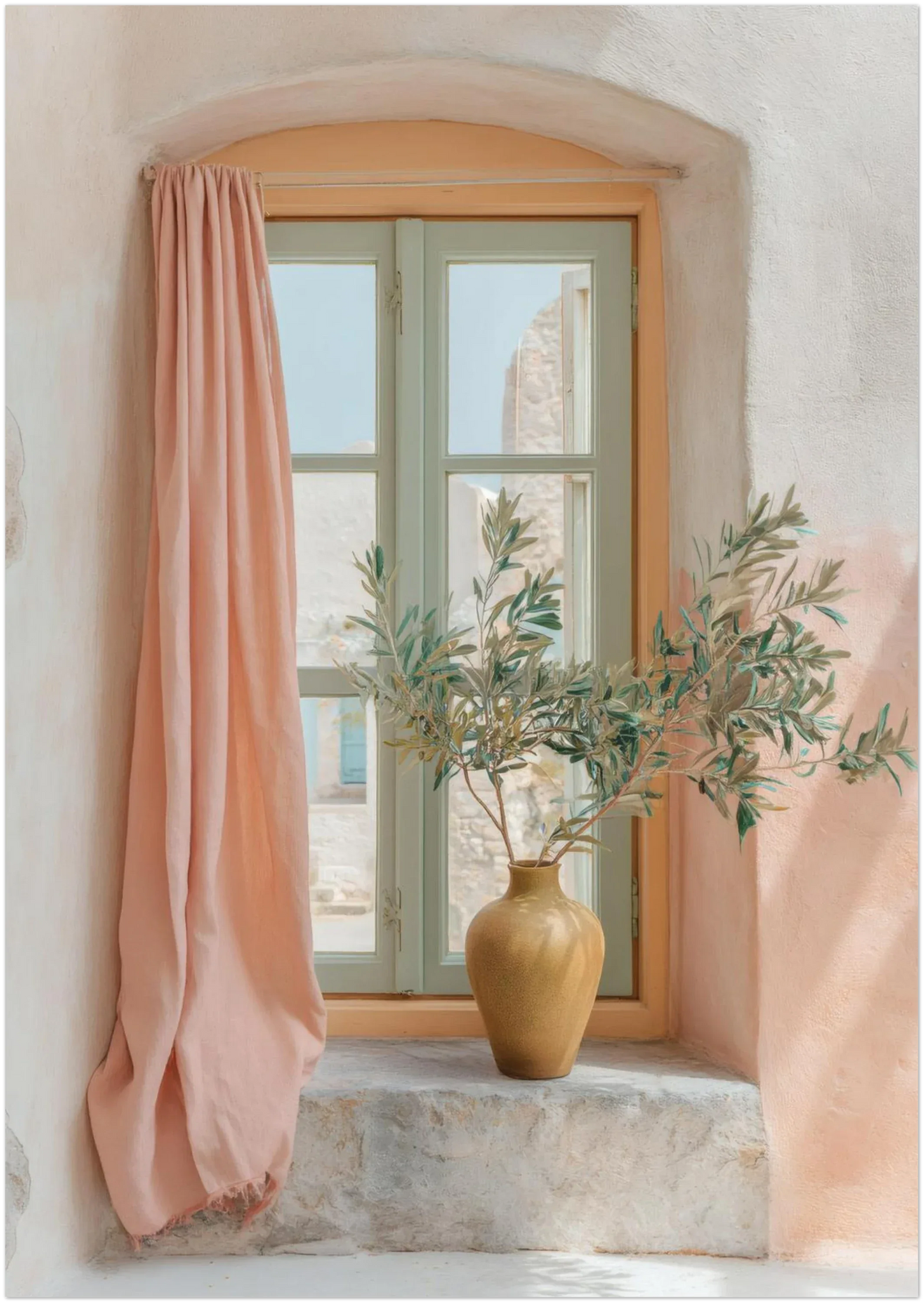 A3 version of the pastel window-view artwork placed on a plain background, showing wider visible curtain area and enhanced vertical composition to help customers assess print scale accurately.